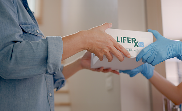 Package from LifeRx.md being handed to a member